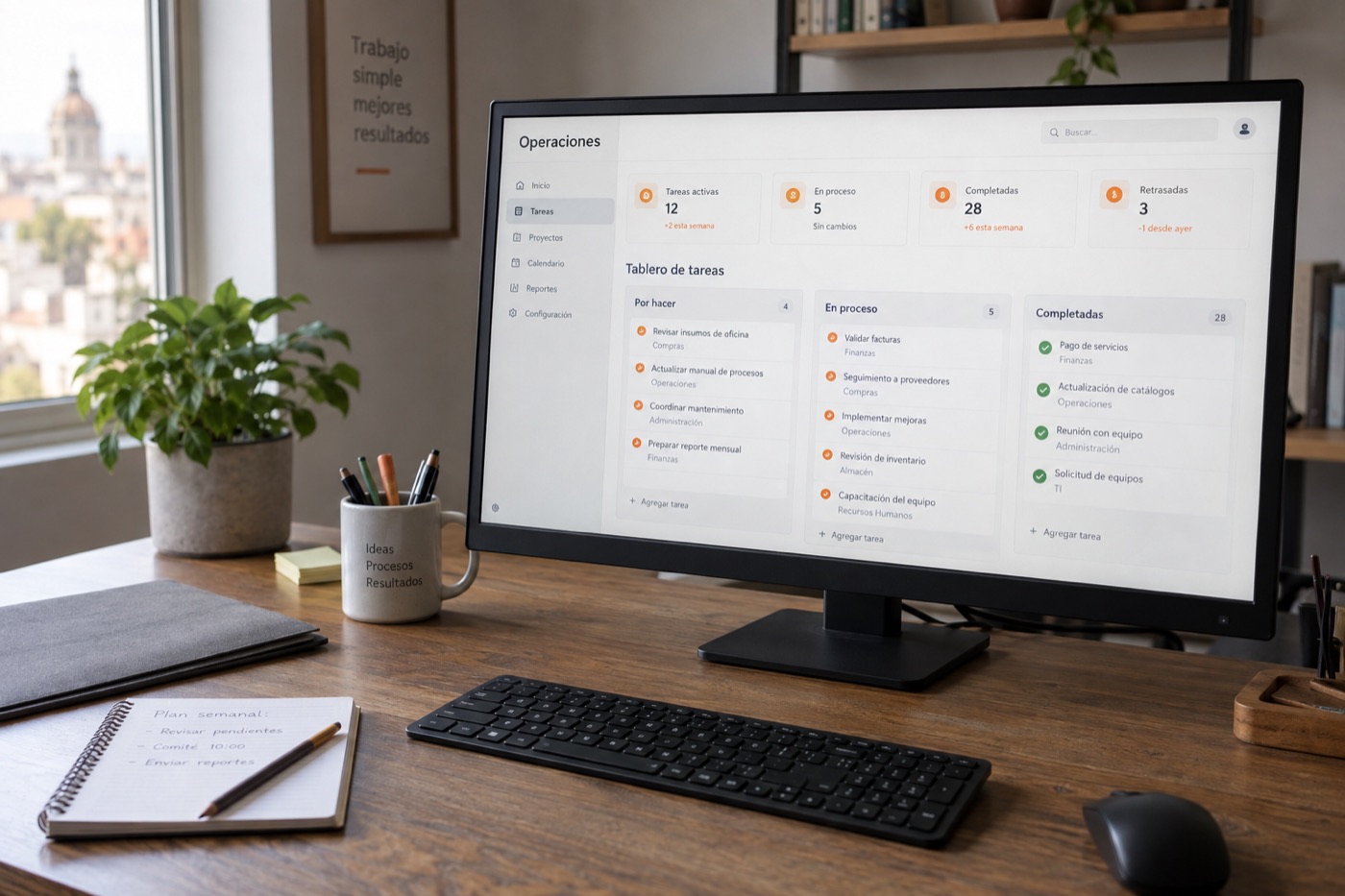 Pantalla con un ejemplo de tablero de tareas y gestión de procesos.