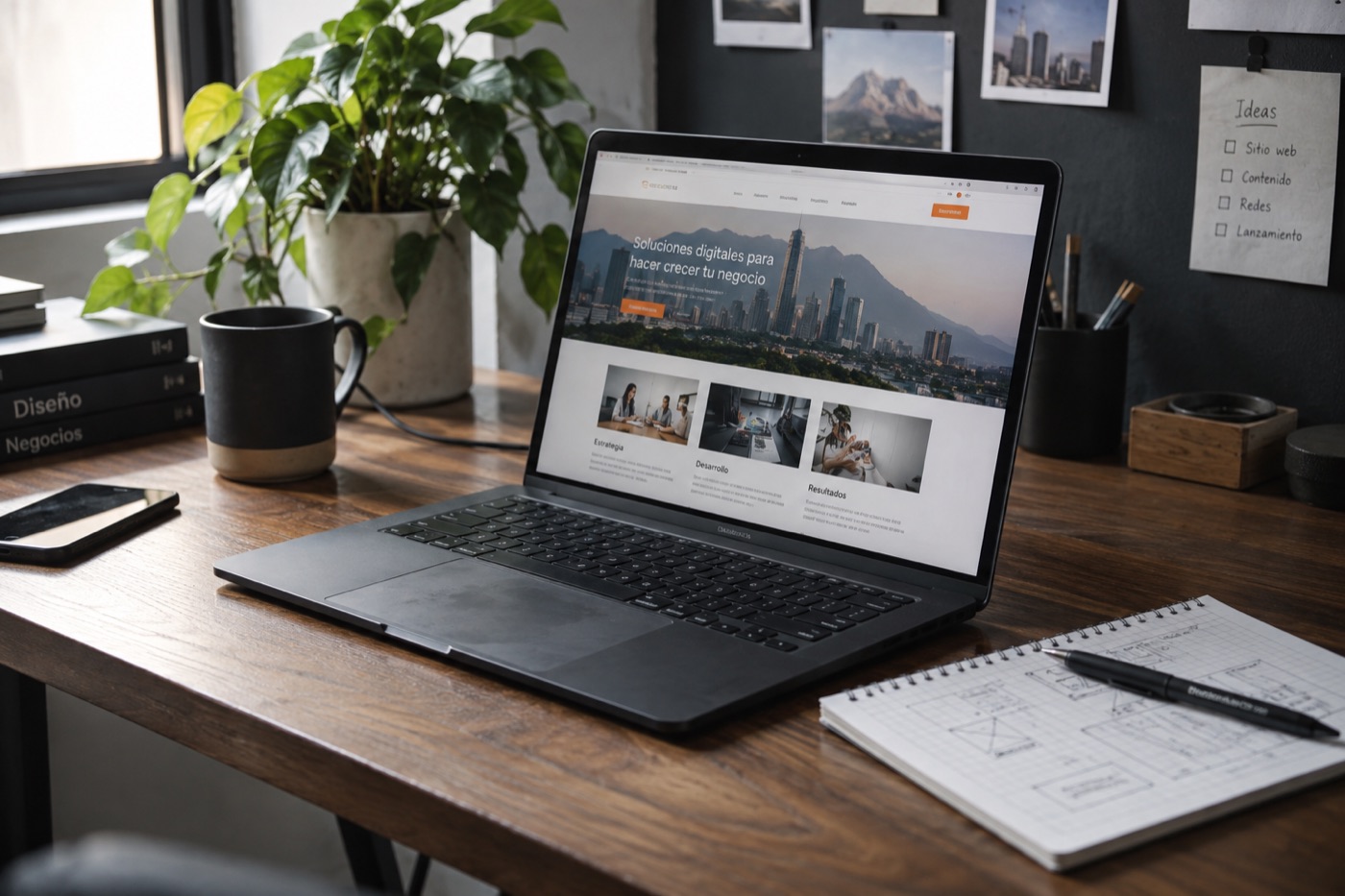 Laptop con una propuesta de sitio web empresarial en un espacio de trabajo.