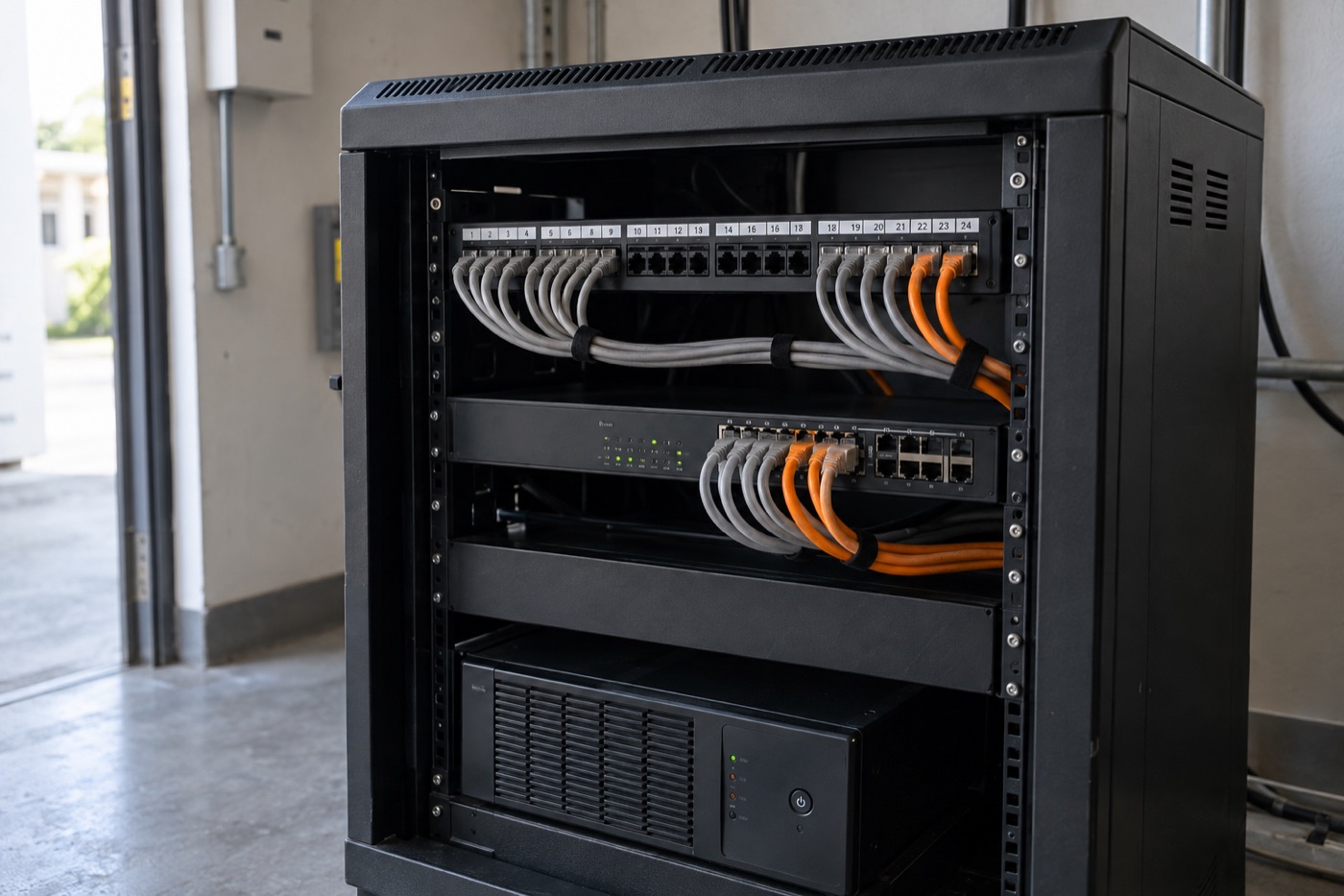 Gabinete de red con panel de conexiones, switch y cableado organizado.