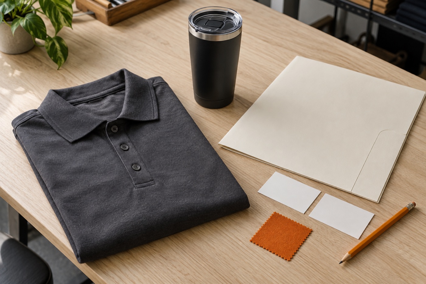 Polo, termo y papelería como ejemplos de materiales corporativos.
