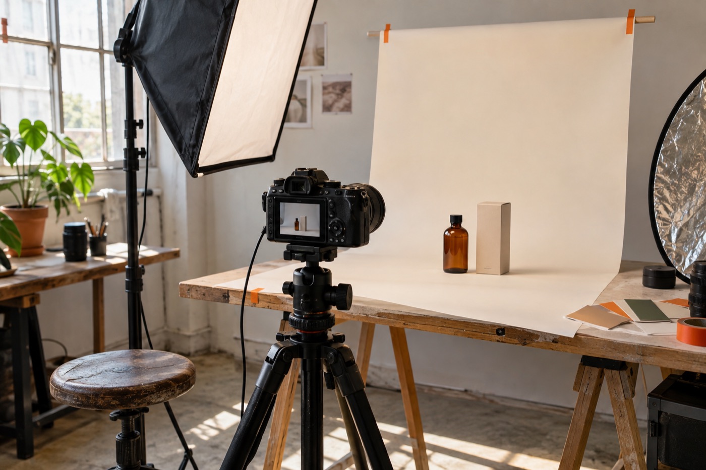 Equipo de fotografía preparado para producir contenido de producto.